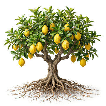 Citron tree, mature full tree bearing abundant large elongated bright yellow citrons with thick fragrant rind, exposed visible roots, 1:1 ratio, isolated on seamless pure white background
