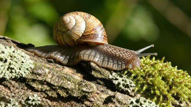 Close-up of a snail gliding across a textured tree branch covered with moss in a natural environment