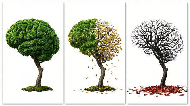 Conceptual brain tree showing the process of aging and cognitive decline isolated on white background