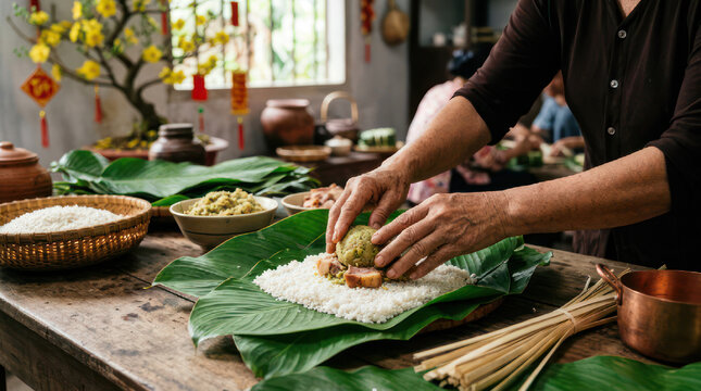 Person making traditional Vietnamese food wrapped in banana leaves.