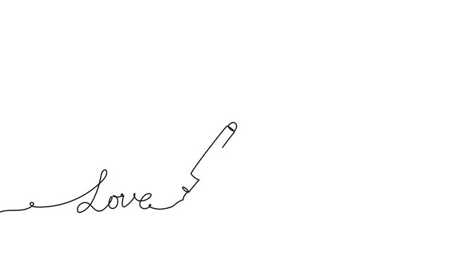 Continuous line drawing of a hand holding a pen, creating an elegant curved signature with flowing artistic strokes on white background.