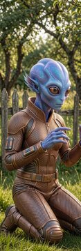 Blue extraterrestrial creature kneeling in a sunny green garden