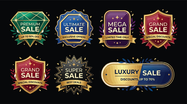 Luxury golden sales badges with rich colors on black background. Ideal for premium brand promotions.