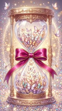Hourglass with Butterflies and Pink Bow Illustration