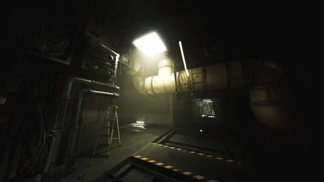 Dim industrial corridor with leaking pipe and steam, puddled floor, corroded fittings, flickering fluorescent, hazard markings and tense emergency atmosphere.