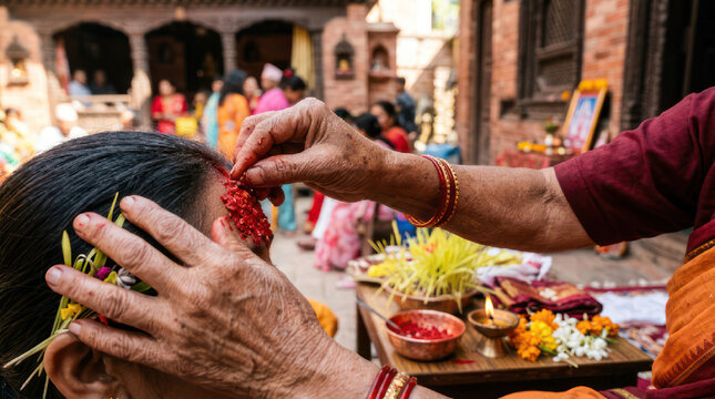 Woman applies red tika to forehead during religious ceremony.
