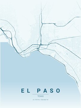 Modern El Paso City Map Poster Design, Ocean Style Urban Street Grid Cartography