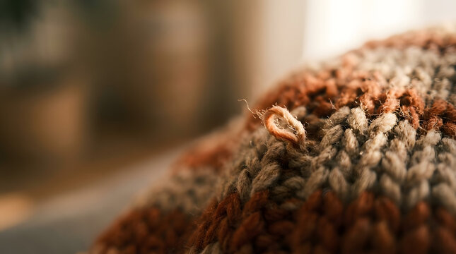 Macro close up of chunky knitted blanket with pulled yarn loop. Soft fuzzy wool texture in brown and grey colors. Cozy warm autumn background