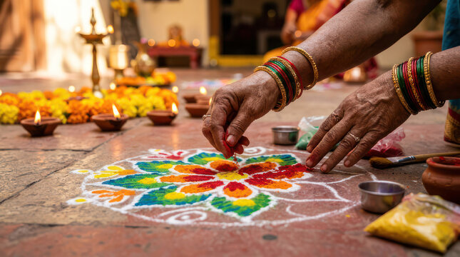 Woman creating colorful rangoli art with powders and flowers.