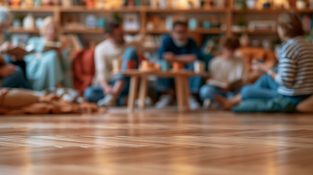 Blurred Community Book Club with People Reading and Talking in Warm Library Lounge with Low Angle Floor View for Social Lifestyle Advertising