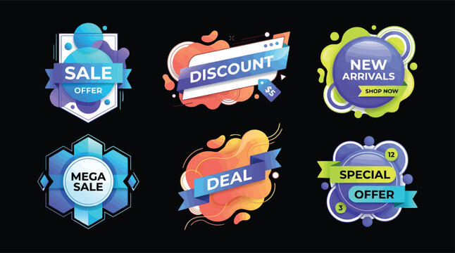 Collection of modern abstract sale offer badges and discount labels on black background. Ideal for digital marketing.