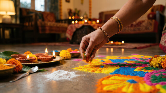 Woman decorating floor with colorful rangoli powder during festival.