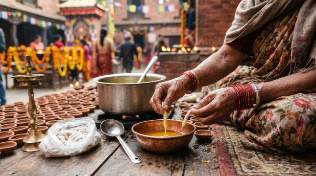 Woman preparing offerings with clay lamps and food for a religious ceremony.