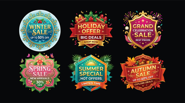 Seasonal sale badges collection featuring winter, holiday, spring, summer, and autumn themes. Perfect for seasonal.