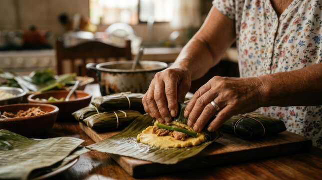 Woman preparing traditional tamales wrapped in banana leaves.