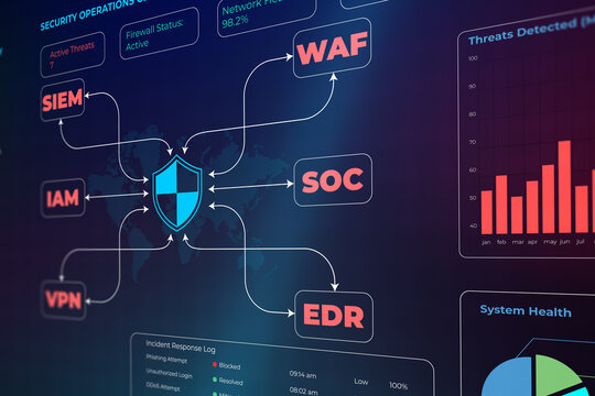 Cybersecurity operations center dashboard. Digital network security monitoring interface.