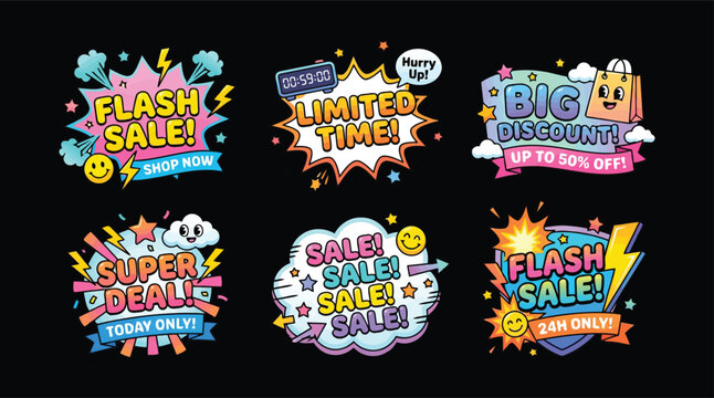 Comic style flash sale stickers with speech bubbles and clock timer. Ideal for vibrant retail discount campaigns and.