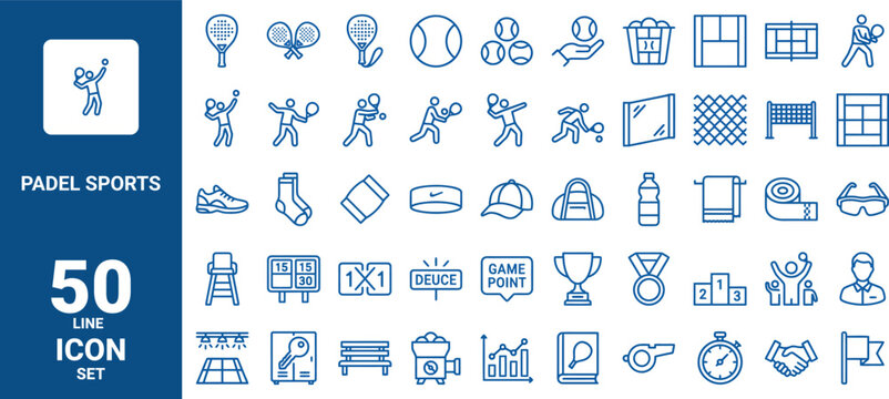Set of 50 padel sports line icons, vector illustration of tennisrelated equipment, court elements, players, and game statistics for athletic apps
