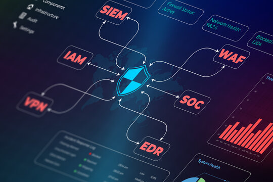Cybersecurity operations center monitoring real-time threats. SOC dashboard displaying network security analytics and threat detection alerts.