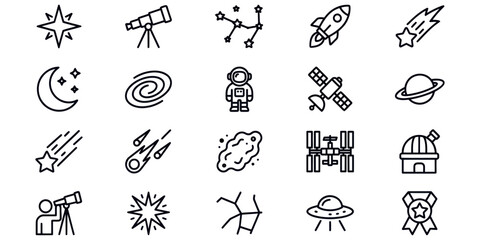 Set of space and astronomy icons featuring planets stars rockets and astronaut for science and exploration designs in simple line art style © Najmul