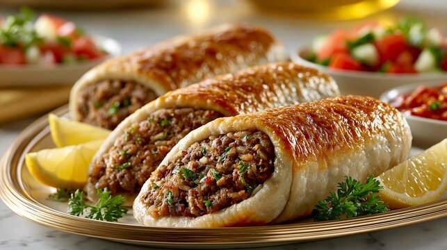 Mumbar, or stuffed sheep intestines, presented with lemon wedges on a gold platter