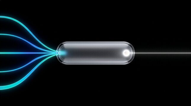 Abstract digital capsule merging multiple glowing blue data streams into single white light beam