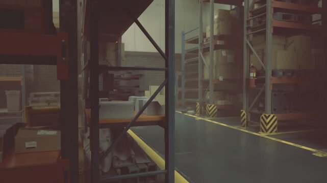 In a spacious warehouse, orderly shelves tower with boxes of various sizes. The polished floor reflects the warm light from overhead, creating a calm yet productive atmosphere.