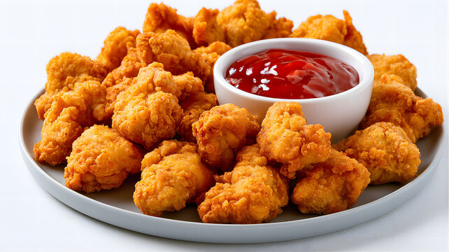 Crispy golden fried popcorn chicken bites served on a plate with a small bowl of red dipping sauce, isolated on white background