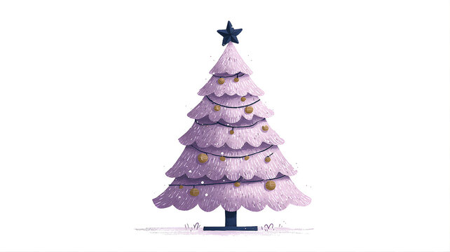 Cute handdrawn christmas tree with golden ornaments and a dark star topper, festive holiday illustration isolated on white background