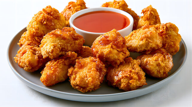 Crispy fried chicken nuggets or popcorn chicken served with a side of red dipping sauce on a grey plate against a white background