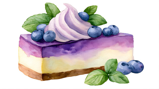 Watercolor blueberry cheesecake slice with whipped cream, fresh berries, and mint leaves, isolated on white background