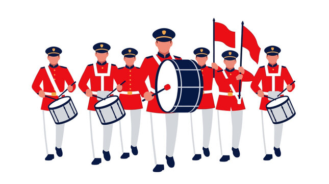 A group of marching band performers in red uniforms and peaked caps carry drums and red flags while walking in a parade formation.