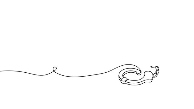 Single line art depicting handcuffs in minimalist style. Modern continuous stroke illustration of criminal restraints perfect for justice, police, and prison-related designs.