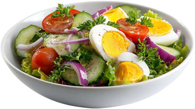 Fresh healthy salad bowl with hard boiled eggs, tomatoes, cucumber and red onion isolated on white background