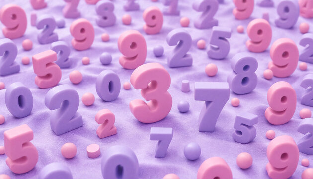 Pastel numbers scattered on a soft purple background. Mathematical symbols for education.
