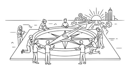 Fototapeta premium Business team collaborating to set strategic direction with a large compass