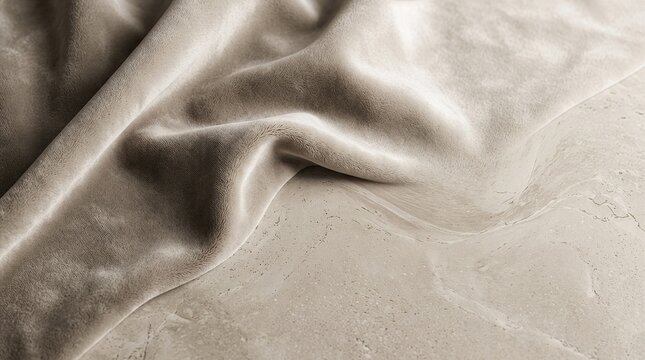 Soft beige velvet fabric draped elegantly over a textured stone surface minimalist background