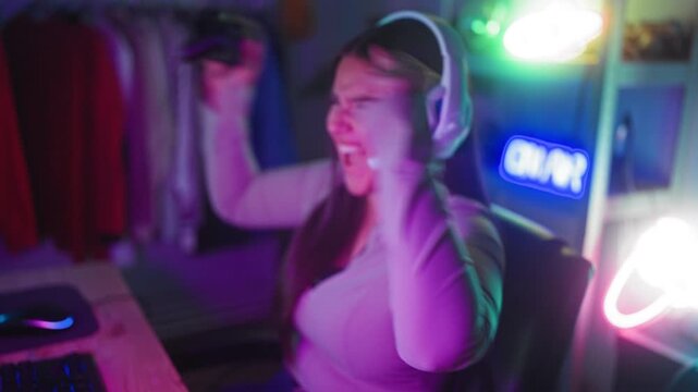 Woman wearing headset with mic holds game controller high, pumps fist and smiles while seated at desk in streaming studio; joy celebration.