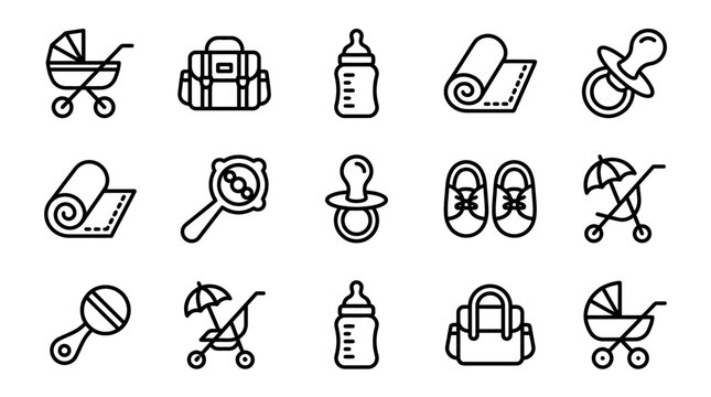 Baby Essentials Icons: Stroller, Bottle, Pacifier, Diaper Bag, Rattle, Shoes, Mat