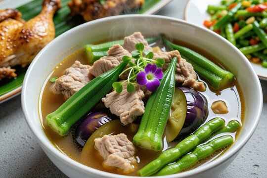 Filipino pork sinigang soup with okra and eggplant. Savory tamarind broth with tender meat pieces. Healthy Asian dish served with green beans and chicken.