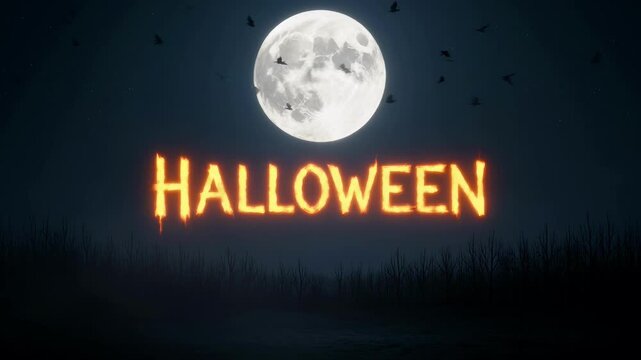 Halloween text with glowing fire effect on a dark night background with a full moon and flying bats