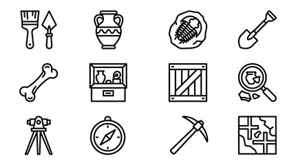 Archaeology Icons Set: Dig Tools, Fossils, Map, Artifacts, Bone, Shovel, Compass, Magnifying Glass © Brian