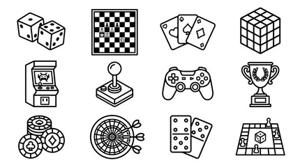 Collection of Board Game and Video Game Icons: Dice, Cards, Controller, Arcade, Chess, Dominoes, Trophy © dinny