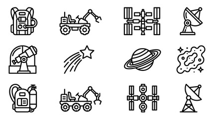 Space Exploration Icons: Rover, Satellite, Telescope, Astronaut Gear, Nebula © Brian