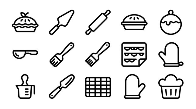 Baking Icons: Pies, Utensils, Mittens, Measuring Cup, Muffin Tin, Rolling Pin