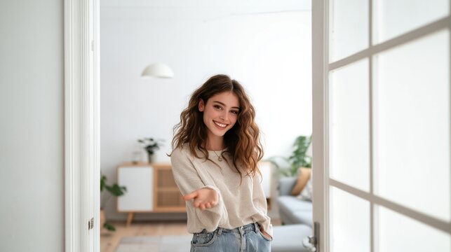 Young woman standing in doorway inviting into a light cozy home showing hospitality, smiling with outstretched hand offering a warm welcome and pleasant greeting