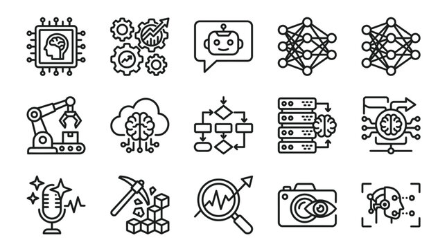 AI and Machine Learning Icons: Brain Chip, Robot, Neural Network, Automation, Data Mining