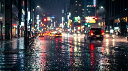 Obraz premium Blurred city street scene at night with wet pavement reflecting colorful neon lights and traffic in the rain