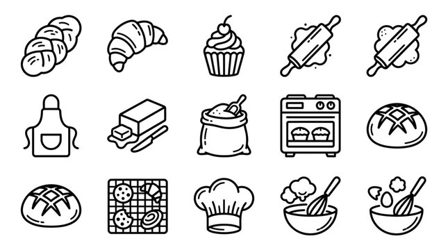 Baking Icons Set: Bread, Croissant, Cupcake, Oven, Rolling Pin, Apron, Chef Hat