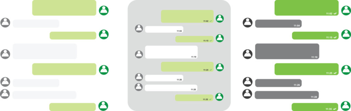 Chat message template, text sms interface, blank speech bubbles and user icons, simple messenger layout.